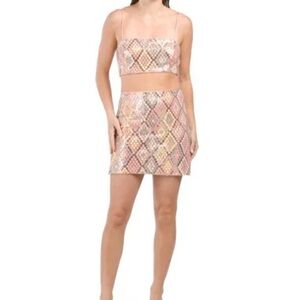 Caroline Constas Pink/Peach Yellow TanGeometric Sequin Smocked Cropped Top NWT 6